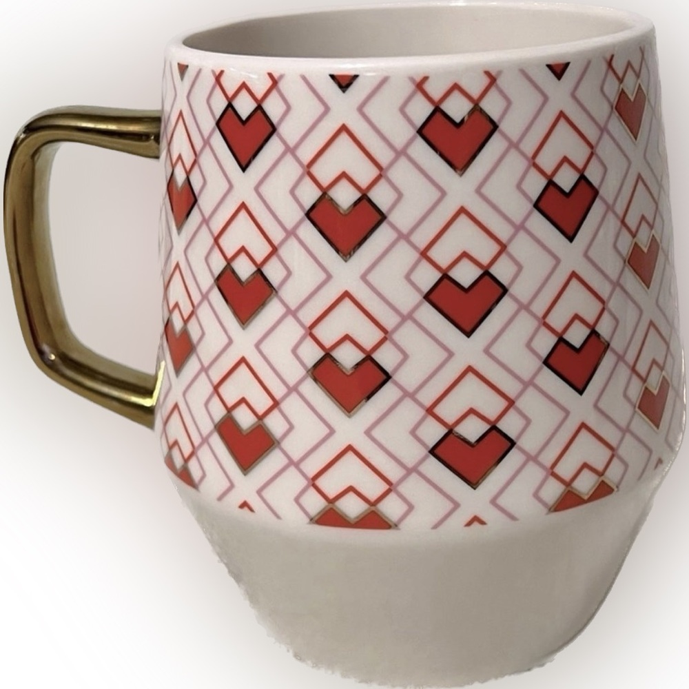 💥Vintage Heart Jumbo Mug Cup Gold Handle Ceramic Geometric Valentines Drinkware